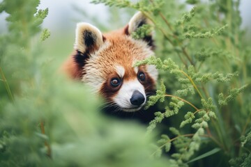 Fototapeta premium red panda peering from behind foliage