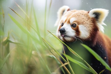 close-up of red panda in a bamboo grove