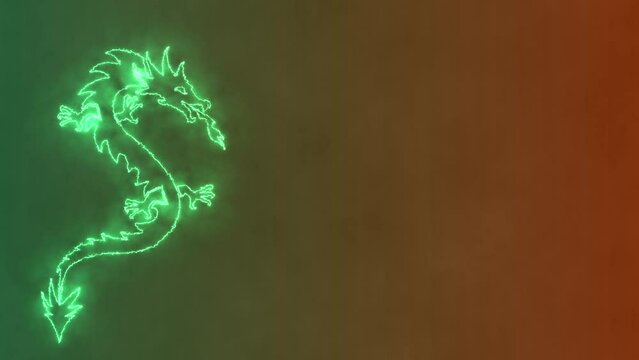 Glowing green dragon on gradient green orange background. Chinese new year dragon animation with free space on the right. .