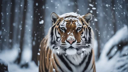 Fototapeten portrait of a tiger at forest, heavy snow fall © abu