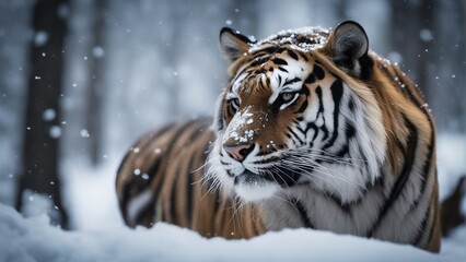 portrait of a tiger at forest, heavy snow fall