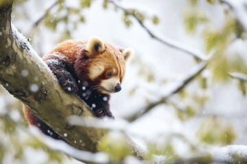 red panda in a tree during a light snowfall
