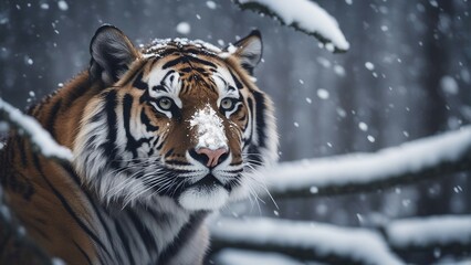 portrait of a tiger at forest, heavy snow fall