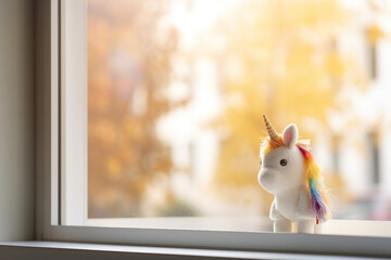 minimalist cute Unicorn toy in a window
