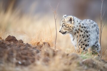 snow leopard stalking in early morning light - obrazy, fototapety, plakaty