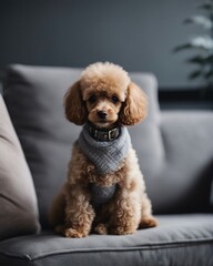 portrait of a toy poodle sitting on a cosy and comfortable grey sofa 

