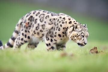 perfect side view of snow leopard stalking