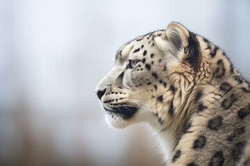 profile of a snow leopard with mountains behind