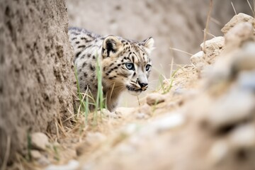 Naklejka premium snow leopard stalking prey in himalayan terrain