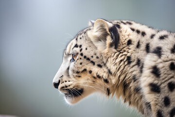 profile of a snow leopard with mountains behind