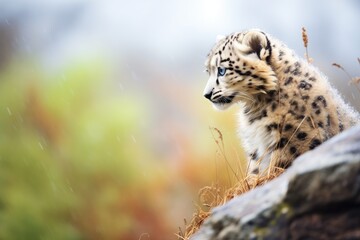 solitary snow leopard surveying territory from a cliff