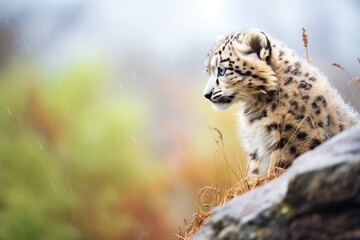 Obraz premium solitary snow leopard surveying territory from a cliff