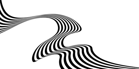Black on white abstract perspective wave line stripes with 3d dimensional effect isolated on white background