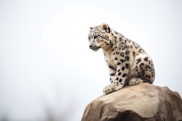 lone snow leopard sitting atop a boulder