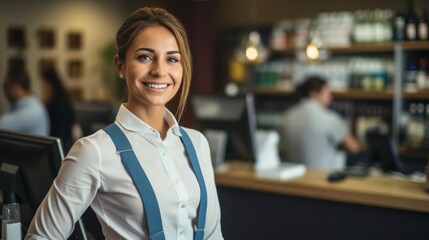 Cheerful young waitress wearing apron laughing looking at camera, happy businesswoman small business owner of girl entrepreneur cafe employee posing in restaurant coffee shop interior