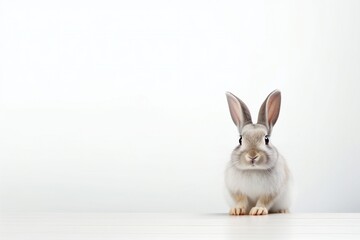 Fototapeta na wymiar cute fluffy rabbit looking on camera. Isolated on white background. Easter bunny. empty space, horizontal banner