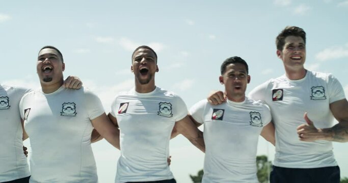 Rugby, team and cheering on pitch, strong and game commitment in player collaboration on field. Men, athletes and shouting by outdoor for competition training and respect with match season in stadium