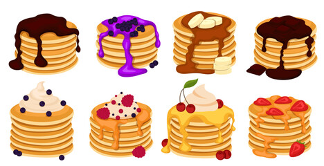 Set of four pancakes with different toppings. Stacks of tasty pancakes with maple syrup, butter, chocolate syrup, fruits and jam. Hotcake morning cuisine. - obrazy, fototapety, plakaty