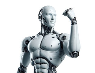 Strong Robot Humanoid, Human-Like Robot Showing Muscle,  Strength of Android, Isolated - obrazy, fototapety, plakaty
