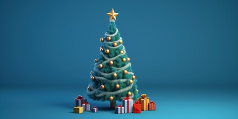 Christmas tree and gifts on blue background with copy space, Generative AI