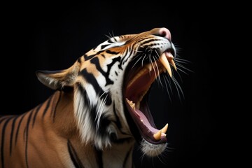 sumatran tiger yawning, showcasing sharp teeth - obrazy, fototapety, plakaty