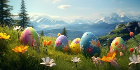 Colorful Easter eggs on green meadows surrounded by beautiful nature in spring, Generative AI