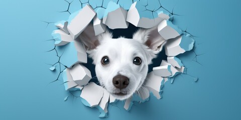 Dog looking through hole in blue wall, broken wall and little dog, Generative AI