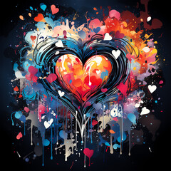 Heart drawn with paints of different colors on a dark background.