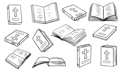 Christian Holy Bible Book. Vector illustrations depict a set of Holy Bible books that open, close, showing cover. Religious Text Containing Stories And Prophecies.