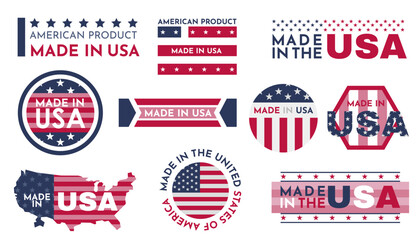 Made in USA badges. Patriot proud label stamp, American flag. Made in the usa labels set, american product emblem