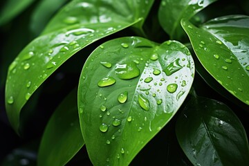 Green leaves of plants with rainwater drops, Generative AI