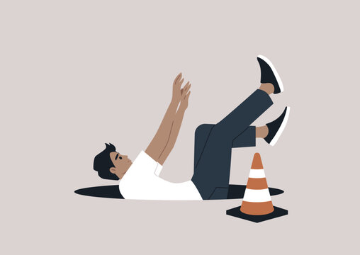 A young character disregarding an orange cone and falling into an open manhole, a cautionary image about ignoring warning signs