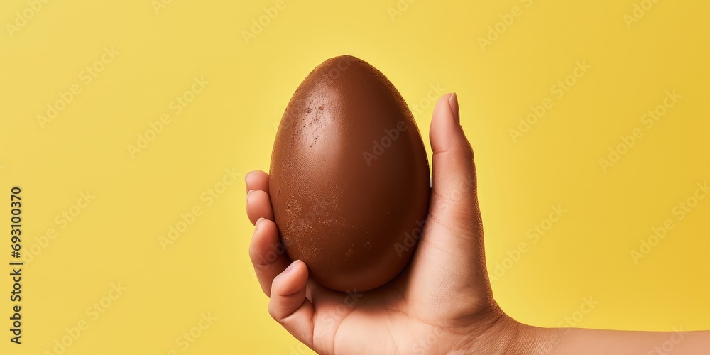 Wall mural Hands holding chocolate Easter egg isolated on yellow background with copy space Generative AI