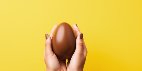 Hands holding chocolate Easter egg isolated on yellow background with copy space Generative AI