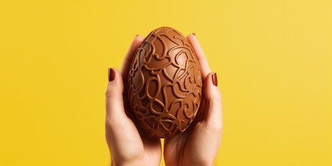 Hands holding chocolate Easter egg isolated on yellow background with copy space Generative AI