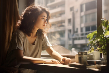 Asian beauty, A young woman with black curly hair smiles confidently, capturing the essence of joy and elegance Generative AI.