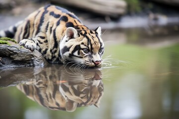 Fototapeta premium sunda clouded leopard drinking water from stream