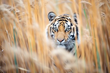 Naklejka premium tiger camouflaged among tall grasses
