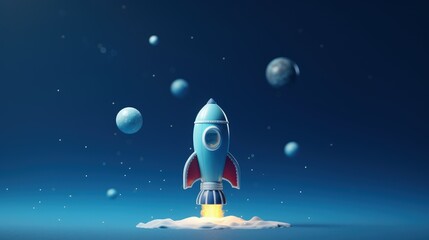 Rocket taking off on blue background, 3D cartoon style, Generative AI	
