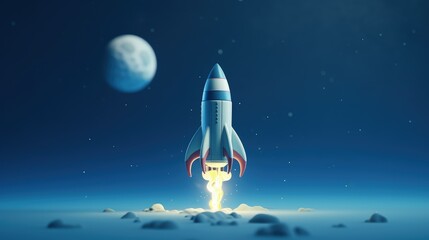 Rocket taking off on blue background, 3D cartoon style, Generative AI	
