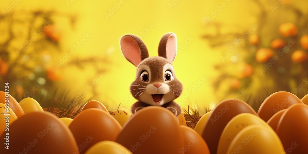 Wall mural Bunny in the middle of chocolate eggs on a yellow background, bunny and easter eggs