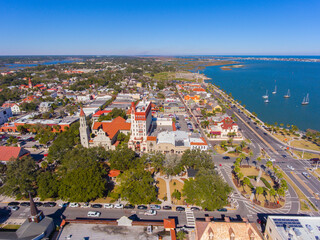 St. Augustine city downtown aerial view including Plaza de la Constitucion, Cathedral Basilica of...