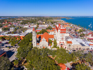 St. Augustine city downtown aerial view including Plaza de la Constitucion, Cathedral Basilica of...