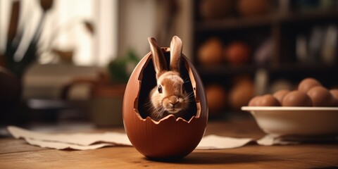 Rabbit inside a chocolate egg on a wooden table, Easter egg and bunny, Generative AI - obrazy, fototapety, plakaty