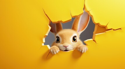 Rabbit looking through hole in yellow wall, Broken wall and rabbit, Generative AI