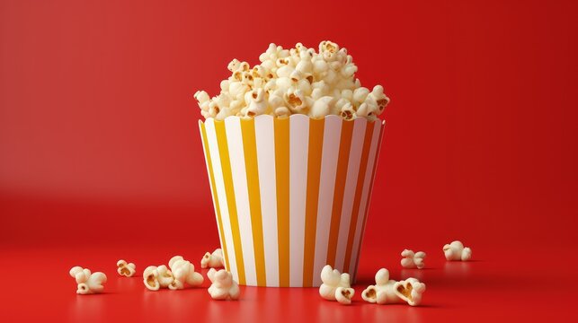 Cinema popcorn bucket isolated on red background, Generative AI