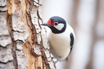 black and white woodpecker contrasted on cherry bark