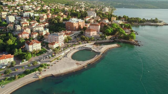 Aerial view of the beautiful seafront in Opatija, Adriatic sea, Croatia.