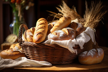 A basket of delicious, freshly-made crusty breads and baguettes beautifully presented together. 
