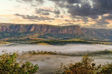 Early morning fog over valleys and mountains, Serra da Canastra, Minas Gerais state, Brazil